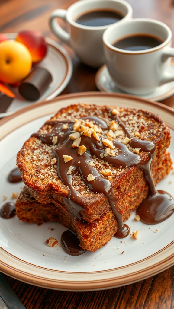 Chocolate Kataifi French Toast with Dubai Chocolate sauce and nuts on a plate, with coffee and fruit in the background.